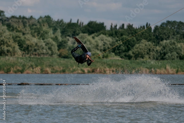 Fototapeta A wakeboarder performs a reilly trick in the air above the water, demonstrating dynamic movement and athletic skill, with splashes of water around