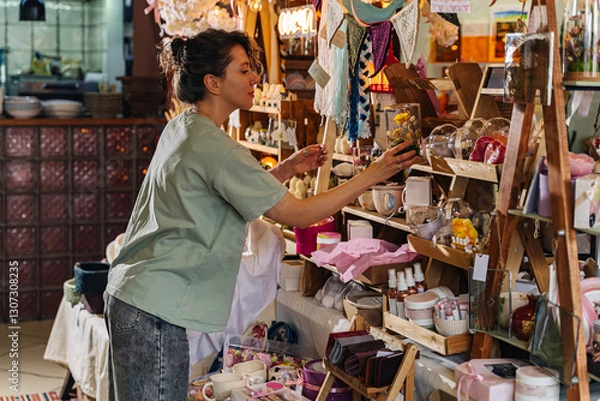 Fototapeta Artisan organizing handcrafted decor at a market stall. Variety of handmade crafts and decorations at local fair.