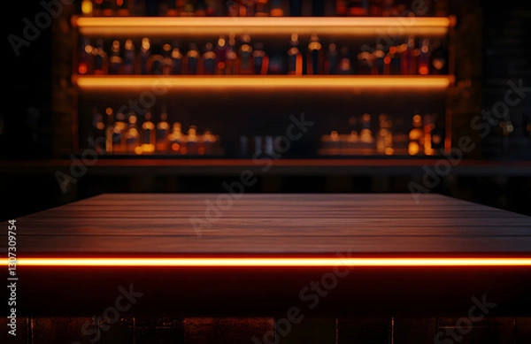 Fototapeta Rustic Wooden Table with Blurred Cafe and restaurant Lights Warm and Cozy Background for Product Display