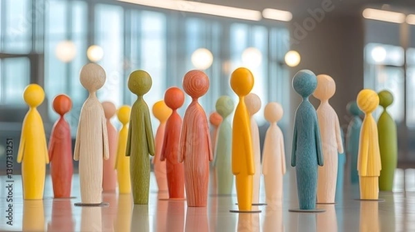 Fototapeta representation of diverse wooden figurines in a serene minimalist setting  The brightly colored abstract shapes and forms symbolize the concept of diversity community and unity