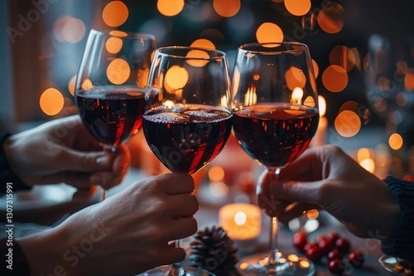 Fototapeta A group of friends toasts with glasses of red wine while surrounded by a warm ambiance of soft candlelight and festive decorations, capturing the joy of togetherness during the holidays.