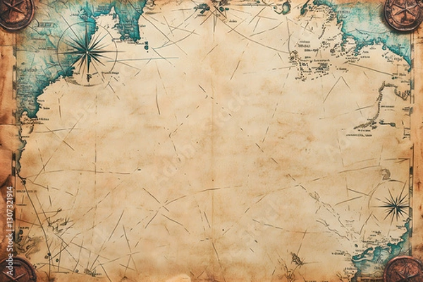 Fototapeta An antique-style nautical map background with a weathered parchment texture, featuring compass roses and faded cartography