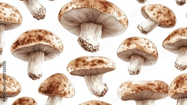 Fototapeta Seamless pattern of brown shiitake mushrooms on white background.