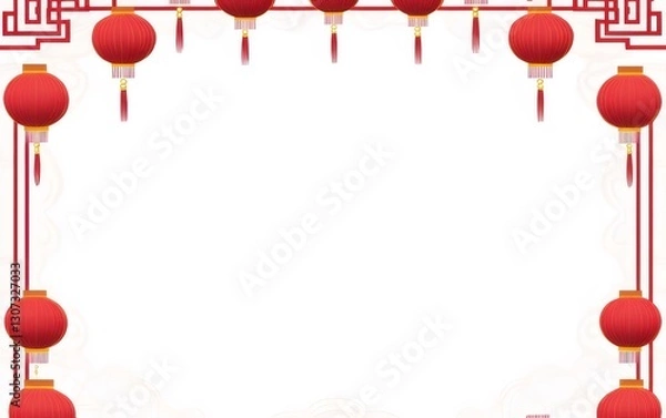 Fototapeta Red lanterns frame, Asian design, celebration, white background, greeting card