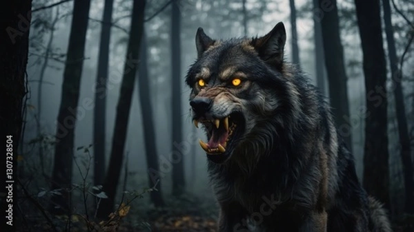 Fototapeta Angry wolf growls in forest. Gray fur wolf shows teeth and yellow eyes, dark and foggy woods background. Animal predator poses with open mouth.