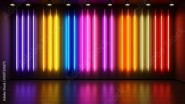 Fototapeta Colorful neon lights illuminate a dark room, reflecting on the floor; ideal for nightclub backdrop