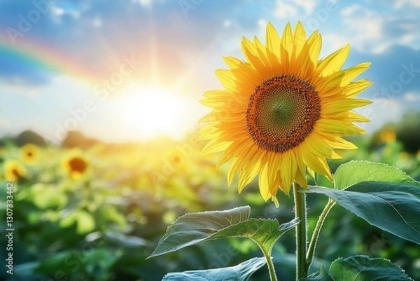 Fototapeta A single sunflower faces the sun with a glowing rainbow stretching over a vast green field at sunset, representing optimism and perseverance.