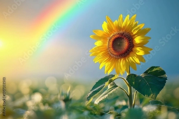 Fototapeta A single sunflower faces the sun with a glowing rainbow stretching over a vast green field at sunset, representing optimism and perseverance.