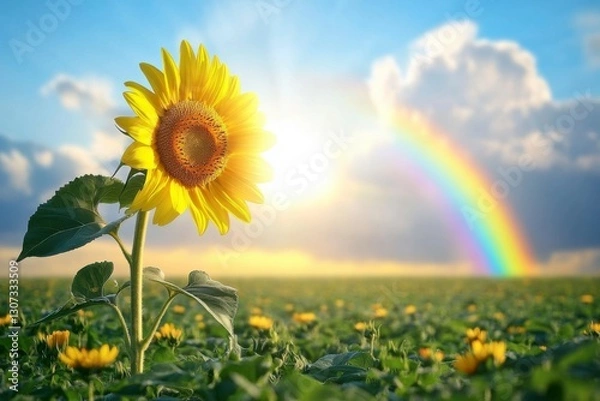 Fototapeta A single sunflower faces the sun with a glowing rainbow stretching over a vast green field at sunset, representing optimism and perseverance