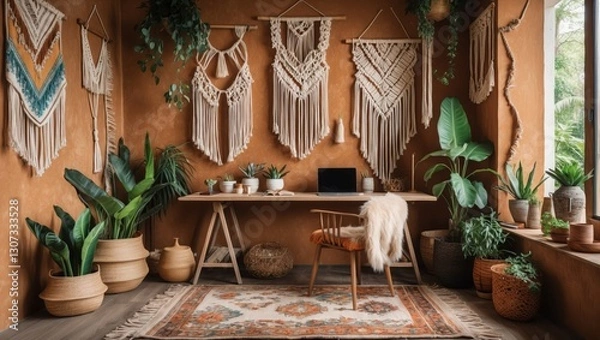 Fototapeta Brown room interior with plants, macrame art and wooden furniture. Computer sits on desktop in relaxing space, patterned rug lies on floor.