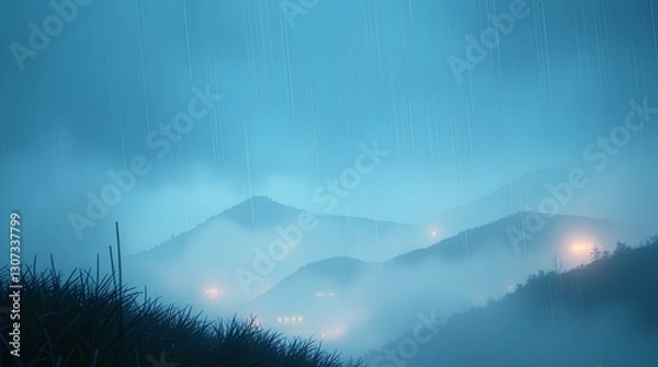 Fototapeta peaceful misty mountain scenery with soft blue tones, floating clouds, and a serene dreamlike atmosphere