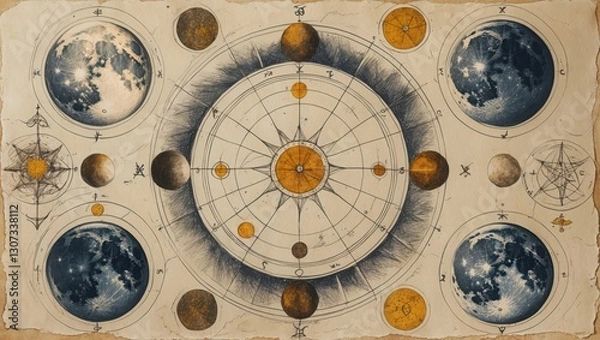 Fototapeta Ink sketch of planets and stars, celestial map on old paper, circles and astrology signs illustration, cosmos chart with sun and planets