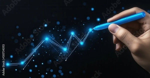 Fototapeta Hand drawing a glowing growth chart on a dark background, symbolizing progress, investment, and innovation with light and connectivity.