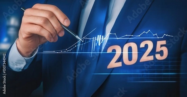 Fototapeta Anticipating Growth in 2025: A businessman in a suit uses a pen to highlight an upward trending stock graph, forecasting strong financial performance.