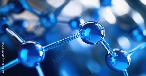 Fototapeta A captivating close-up of a blue molecular structure, highlighting its intricate connections and glossy spheres in a scientific display.