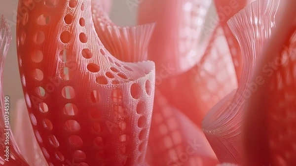 Obraz A close up view of a translucent flexible and organic 3D printed textile material used in innovative and futuristic fashion design  The intricate pattern and structure create a dynamic technological
