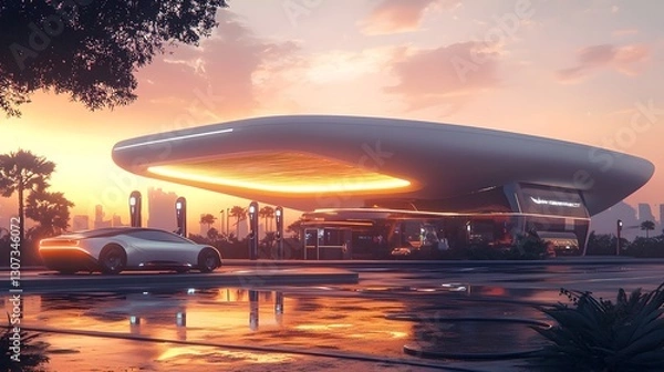 Obraz A futuristic electric charging hub repurposed from a former gas station featuring sleek and modern architectural design with reflections in the water and a dramatic sunset sky in the background