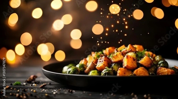 Obraz Appetizing dish of roasted sweet potatoes and brussels sprouts with a drizzle of sweet maple glaze presented on a dark plate against a bokeh background  This colorful
