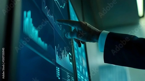 Obraz Close up of an executive in a suit pointing at a digital performance chart or graph displayed on a touchscreen monitor in a modern futuristic looking boardroom or office setting