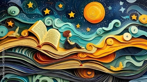 Obraz Detailed Layered Paper Cut of a Child Dreaming Under a Starry Night Sky Filled with Books and Learning Symbols Representing Imagination Creativity and the Joy of Education and Discovery