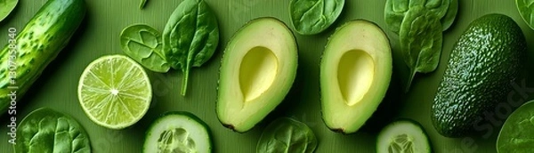 Obraz Refreshing and nutritious green smoothie made with fresh avocado cucumber and spinach served in a transparent mason jar with a slice of lime capturing the essence of a clean healthy