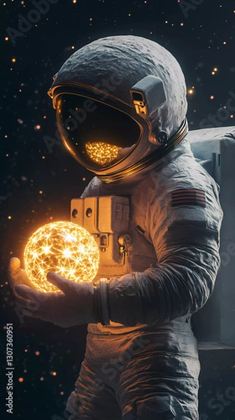 Obraz An astronaut amazed by a luminous sphere in his hand