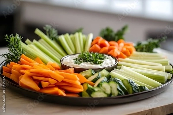 Obraz Vibrant Vegetable Crudit Platter with Creamy Yogurt Dip   Healthy and Nourishing Appetizer Spread Featuring a Colorful Arrangement of Fresh Raw Carrots Celery