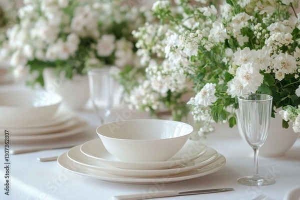 Fototapeta Elegant Table Setting with White Dishware and Fresh Floral Arrangements in Soft Lighting