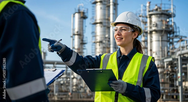 Fototapeta Woman engineer working in an oil refinery