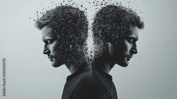 Fototapeta Two men confront each other, one adorned with a tree emerging from his head, representing the fusion of humanity and nature.