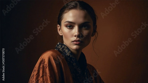 Fototapeta Dramatic and elegant portraits of a woman in deep earth tones, exuding sophistication and mystery. Ideal for editorial, fashion, luxury branding, and artistic photography with a timeless, moody aesthe