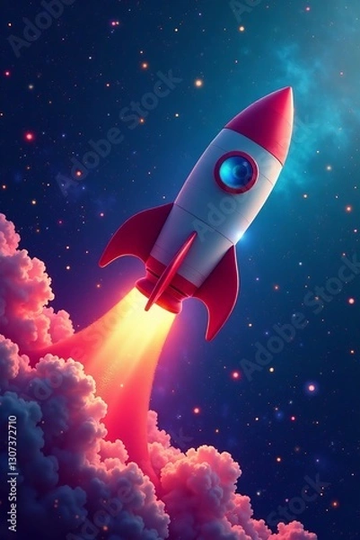 Obraz Space rocket flying through colorful galaxy with shooting stars, universe, discovery