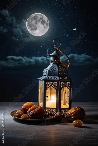 Obraz Ramadan Kareem Template, Islamic Lantern with a Candle, Arabic Traditional Wallpaper, using generative ai
