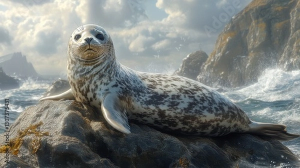 Fototapeta A seal rests on a rocky shore, surrounded by waves and a dramatic sky, showcasing its natural beauty in a serene coastal environment.