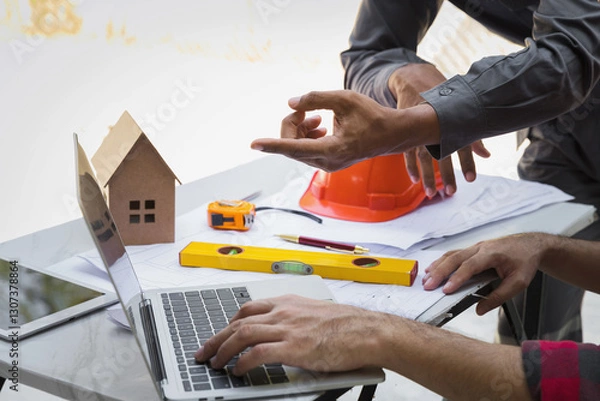 Obraz Engineers and architects pointing at laptop screens looking at blueprints. Two Construction Engineers or Architects discussing at work with laptop on construction site and pointing on laptop.
