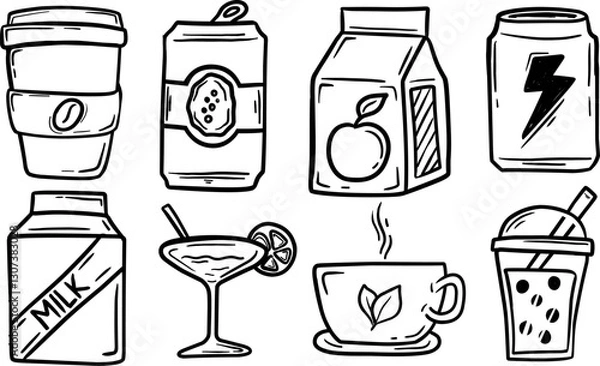 Fototapeta Set of scibble hand drawn drinks illustration doodles. Cartoon sketch isolated on white background. there are coffee, tea, juice, milk, cocktail, beer. vector illustration.