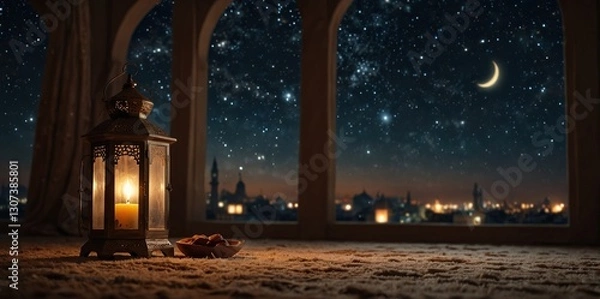 Obraz Ramadan Kareem Wallpaper, Islamic Lantern with a Candle, Arabic Traditional Template, using generative ai