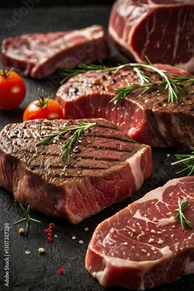 Fototapeta Raw Beef Steak with Vegetables, Food Meat Wallpaper, using generative ai