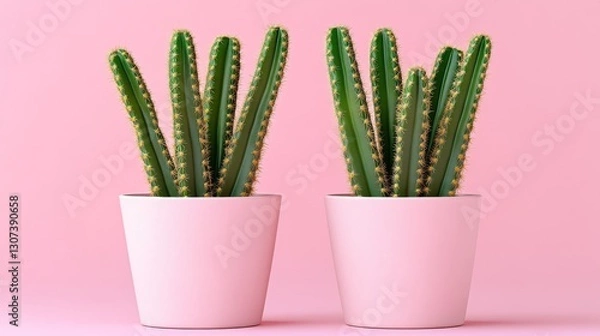 Fototapeta Two pink-potted cacti set against a pastel backdrop, perfect for home decoration