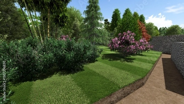 Fototapeta 3d image of the landscape design of the home territory. Landscaping of the territory. Computer visualization of composite landscaping and landscaping solutions.