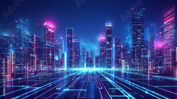 Fototapeta Futuristic Neon Cityscape with Digital Elements