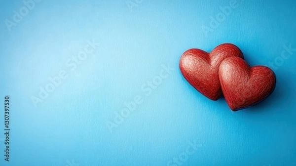 Fototapeta Close-up of a pair of intertwined red hearts on a bold blue background, minimalistic and vibrant, playful and inviting