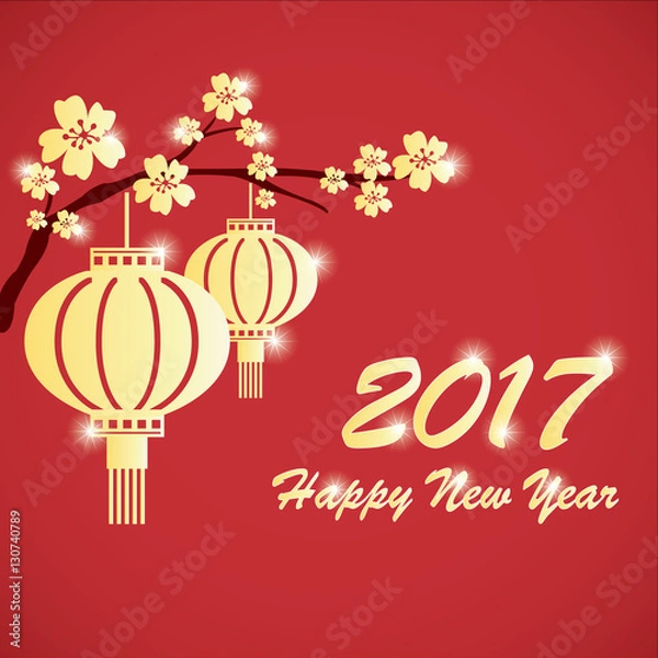 Fototapeta Chiński Nowy Rok 2017 z Golder Plum Flower i Tanglung