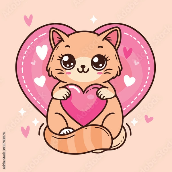 Fototapeta Lovely cat with pink hearts vector illustrator. Cute Valentine card in kawaii style. Can be used for t-shirt print, stickers, greeting card design. Vector illustration EPS8.