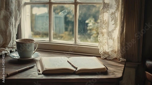Fototapeta there is a cup of coffee and a book on a table