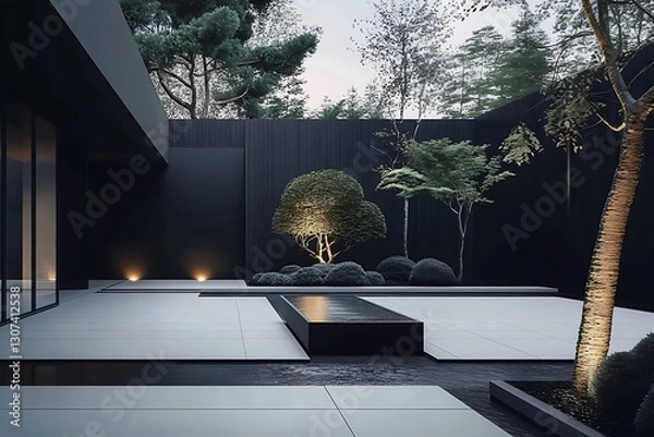 Fototapeta there is a black wall with a tree and a bench in the middle