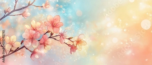 Fototapeta Blossoming cherry tree branch nature scene watercolor artwork pastel background whimsical perspective