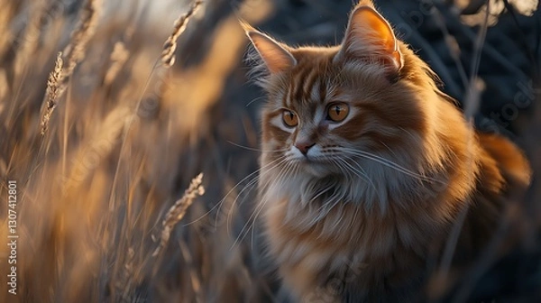 Fototapeta there is a cat that is sitting in the tall grass