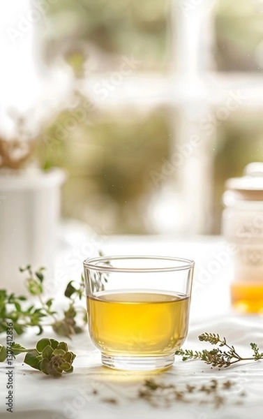 Fototapeta there is a glass of tea and a jar of honey on a table