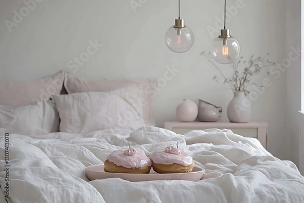 Fototapeta there are two cupcakes on a plate on a bed